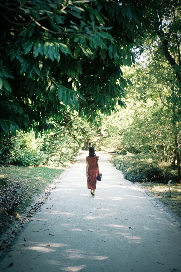 Mulher de vestido vermelho, vista de costas, caminha por uma alameda arborizada.