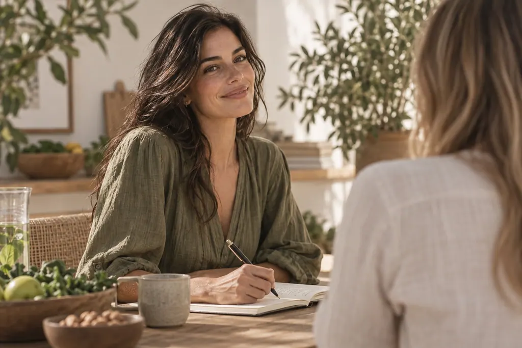 Imagem gerada por IA: Lívia Olmo, nutricionista fictícia, sorri e faz anotações durante uma conversa com uma pessoa vista de costas.