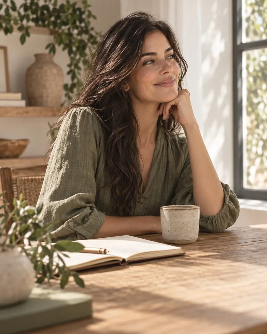 Retrato gerado por IA de Lívia Olmo, nutricionista fictícia, sorrindo à mesa de madeira junto à janela, com um caderno aberto e uma xícara.