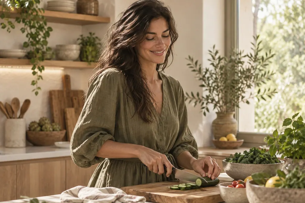 Imagem gerada por IA: Lívia Olmo, nutricionista fictícia, sorri enquanto corta pepinos sobre uma tábua de madeira em uma cozinha clara.
